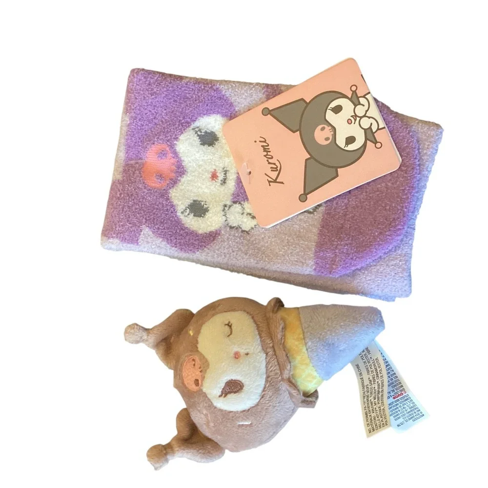 Sanrio Kuromi Miniso Fuzzy Socks and Gund Ice Cream Plush Keychain Bundle Purple